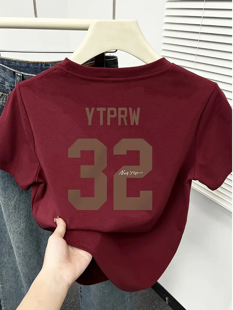 womens fit short sleeve t shirt navy blue casual round neck top with brown 32 letter print breathable summer tee for petite women machine washable layering essential versatile clothing trendy design smooth texture Product details 2
