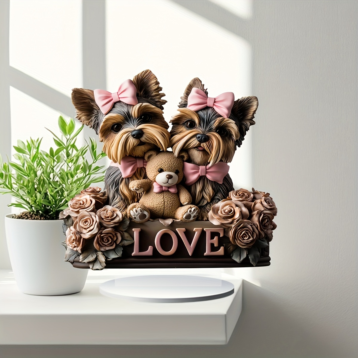 

2d Flat, 1pc Bohemian Style Yorkshire Terrier Love Plaque - 7.9"x7.9" Acrylic Desk Decor With Teddy & Roses, Home, Office, Porch - Ideal Valentine's Day, Wedding, Party Gift For , Office Decor