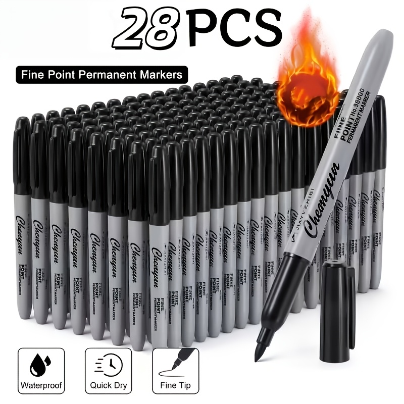 TEMU 28pcs New Fine Tip Black Permanent Markers, Red Markers, Blue Highlighters, Colored Markers, Ideal For Ceramics, Wood, Plastic, Metal - Perfect
