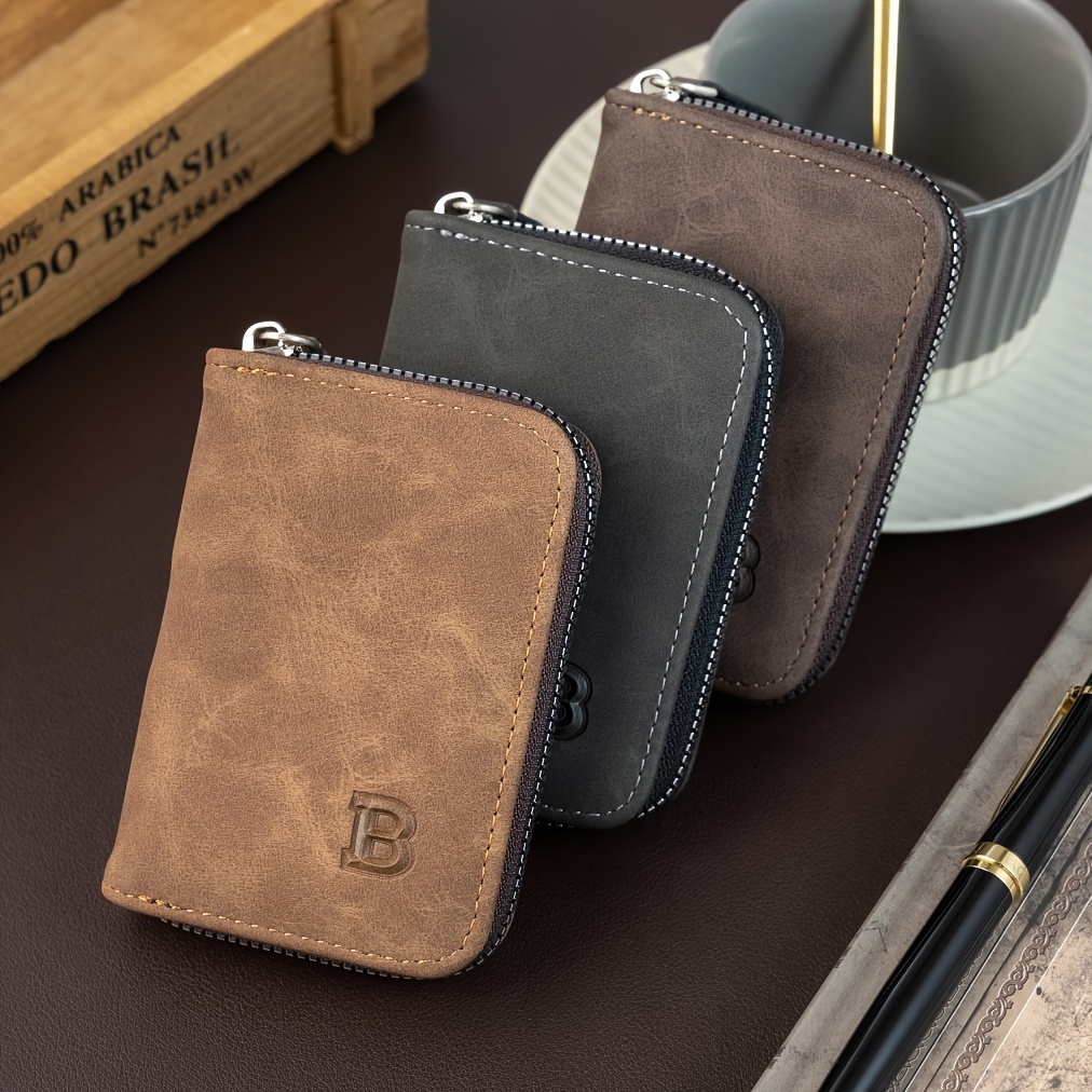 

Vintage Pu Leather Men' With Zippered Coin Pocket - Rfid Blocking, With Embossed Initial, Multifunctional For Daily Use