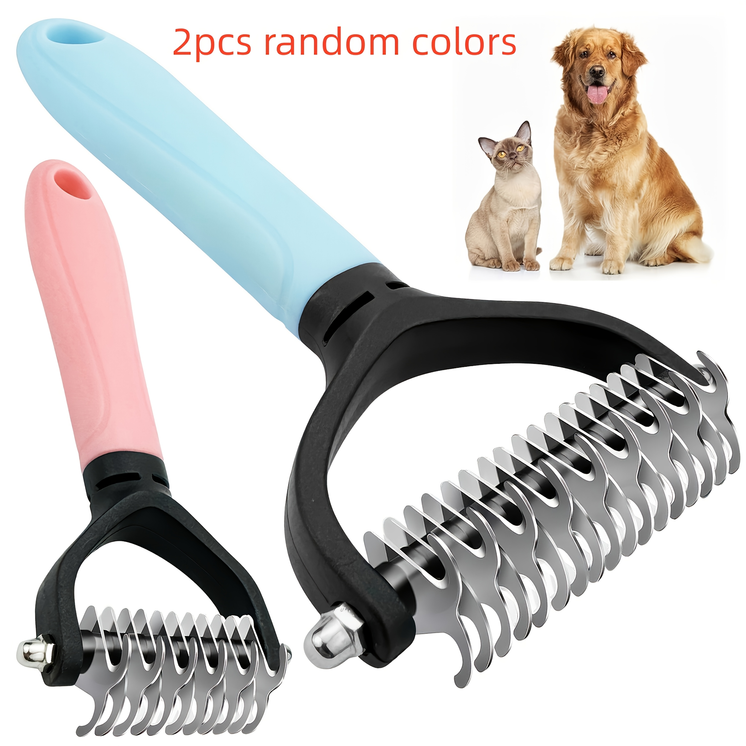 TEMU 2pcs Random Color Stainless Steel Pet Dematting Comb, Double-sided Undercoat Rake Grooming Tool For Cats And Dogs, Shedding Brush Removes Mats,
