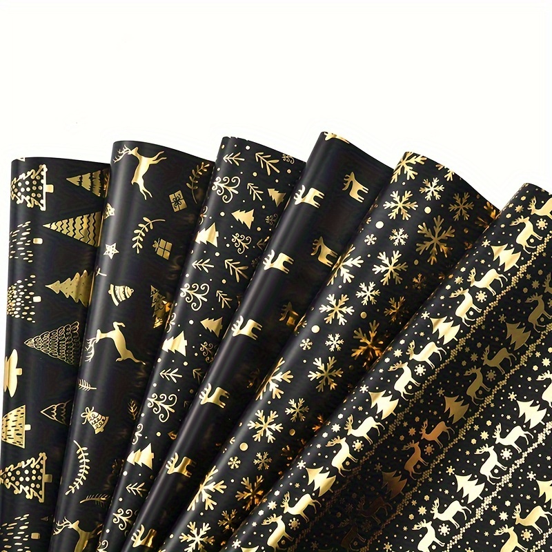 

6-pack Golden Foil Christmas Wrapping Paper - Elegant Black Paper With Snowflake, Tree, And Elk Patterns For Holiday Gift Packaging And Diy Crafts