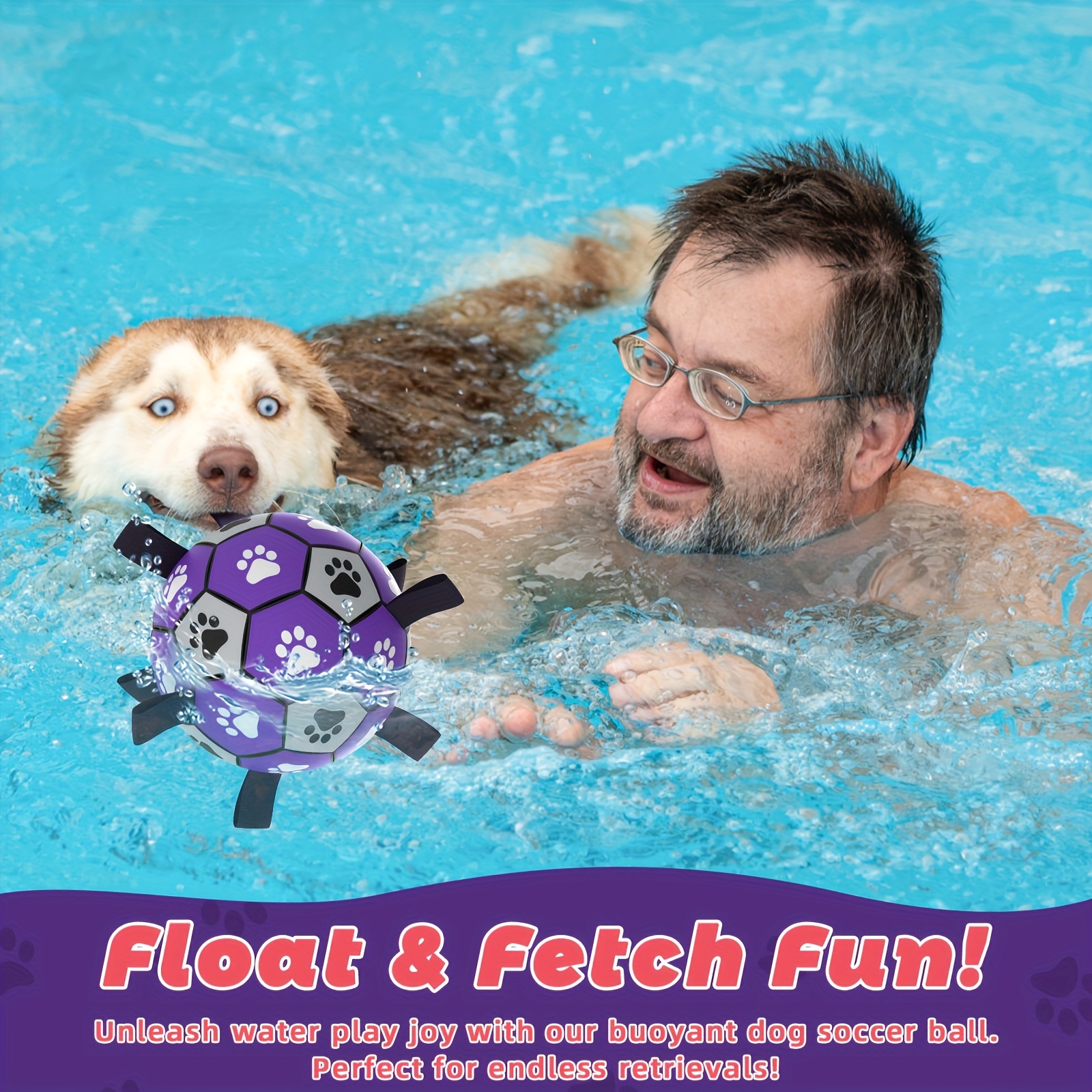 durable rubber dog soccer ball with straps interactive chew resistant pet toy for all breed sizes purple black with paw print design indoor outdoor play training dog ball toy large   5