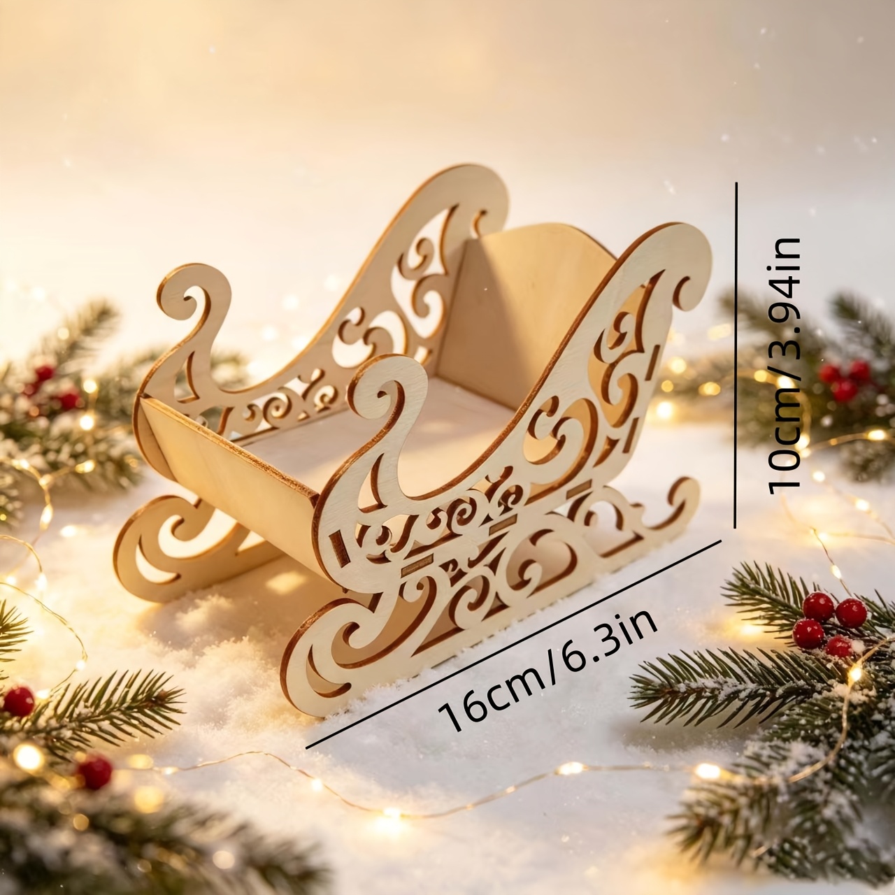 TEMU 1pc Wooden Sleigh Candy Retail Storage Tabletop Decoration, Exquisite Hollow Carving Craft, Ideal For Desktop Decor And Storage, Christmas Party