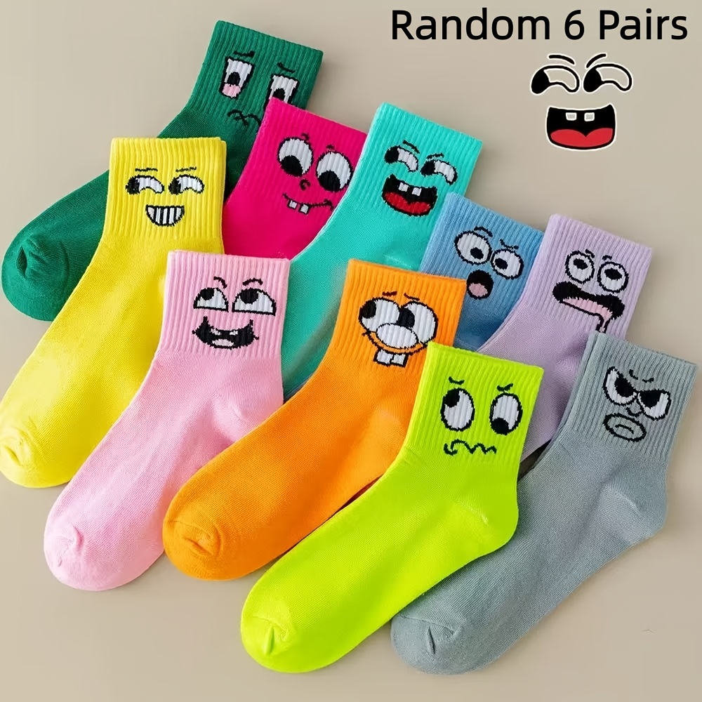 TEMU 6-pair Women's Candy Socks - Breathable Mid-calf Suitable For Spring/summer, Cartoon & Solid Color Casual Crew Socks, Machine Washable For,