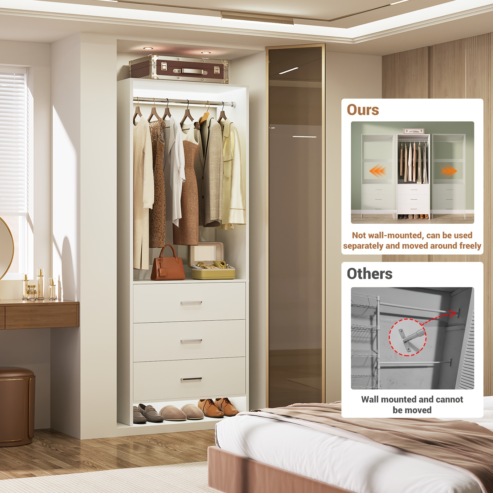 Wardrobe with 3 Drawers, 24 Inch Closet Organizer, Wooden Closet, Walk-in Closet
