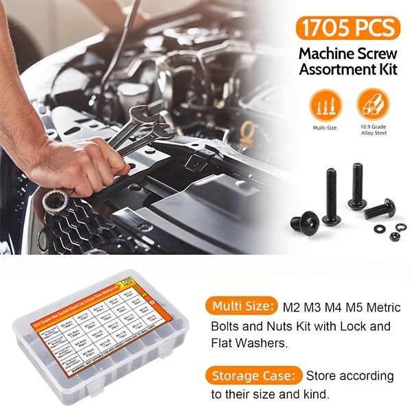 Kit de ensamblaje métrico de acero aleado de grado 10.9 con 1705 piezas, incluyendo llaves y fregaderas planas, de M2 a M5, tornillos de cabeza de botón hexagonales, tuercas, fregaderas - Ideal para proyectos de construcción, bricolaje y reparación, kit de fijación de construcción | Componentes de fijación duraderos | Acabado metálico