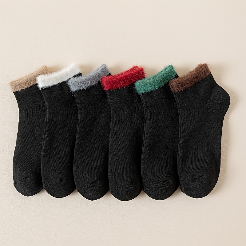 TEMU 6 Pairs Of Women's Socks For Autumn And Winter, Thickened Terry, Solid Color Short Socks, Trendy And Versatile With Colorful Edges, Plush Style