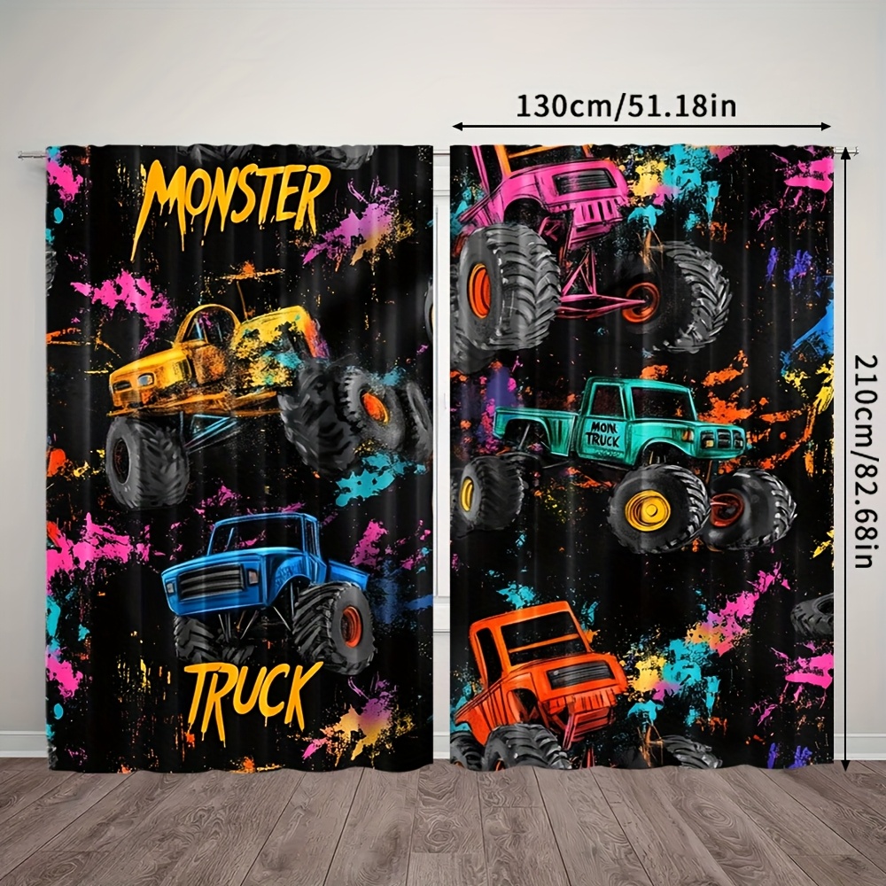 TEMU 2pcs Monster Truck Cartoon Curtains - Vibrant Retro Design, 100% Polyester, Light-filtering, Rod Pocket For Easy Hanging, Living Room, Bedroom,