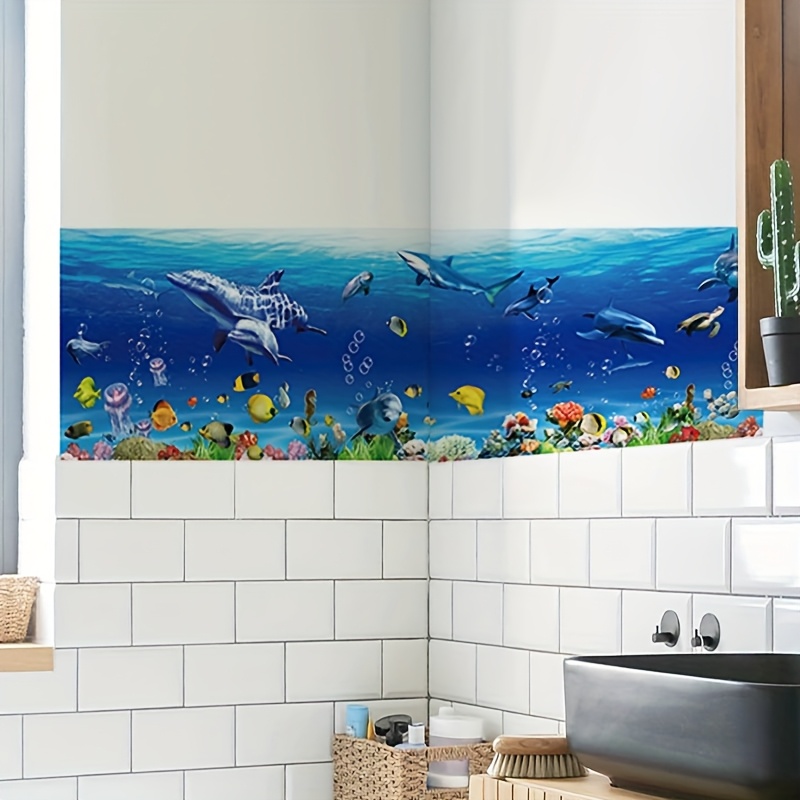 Image of Removable Self-adhesive Wall Stickers Of Blue Fish Tank Fish School For Decorating Bedroom, Living Room, And Study, Made Of Pvc