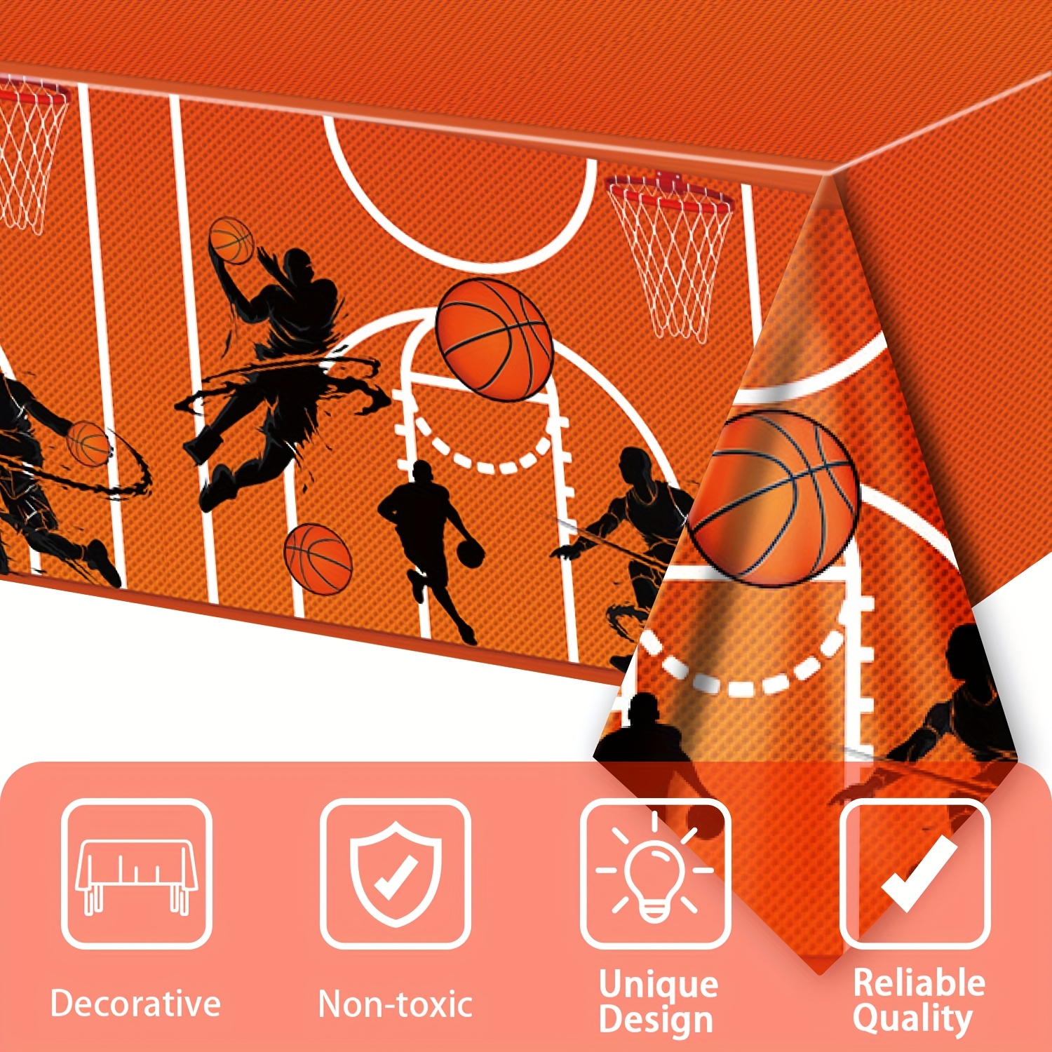 TEMU 1pc Basketball Party Tablecloth - Disposable Plastic Table Cover With Vibrant Orange Basketball Court Design, Players & Hoops - Large 51.2x86.6