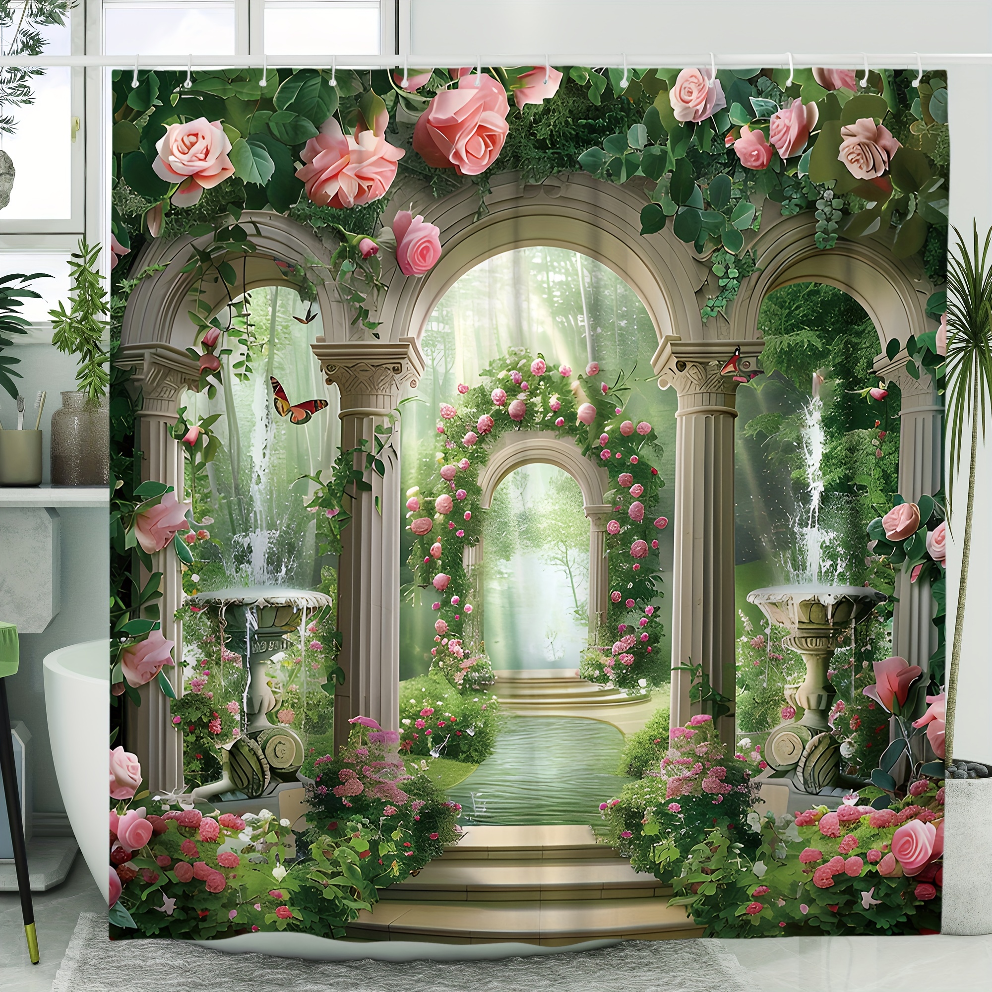 

Vintage Floral Arch Shower Curtain - Waterproof Polyester, Machine Washable With 12 Hooks Included, Bathroom Decor, 71x71 Inches