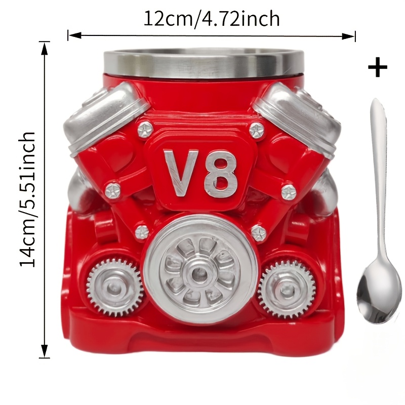 Image of Red Coffee Mug - Durable Resin Automotive- With Sturdy Handle, Red-and-golden Engine Design, Unique Gift For Car Enthusiasts, Fathers, Husbands, Mechanics; Perfect For Home, Office, Or Garage