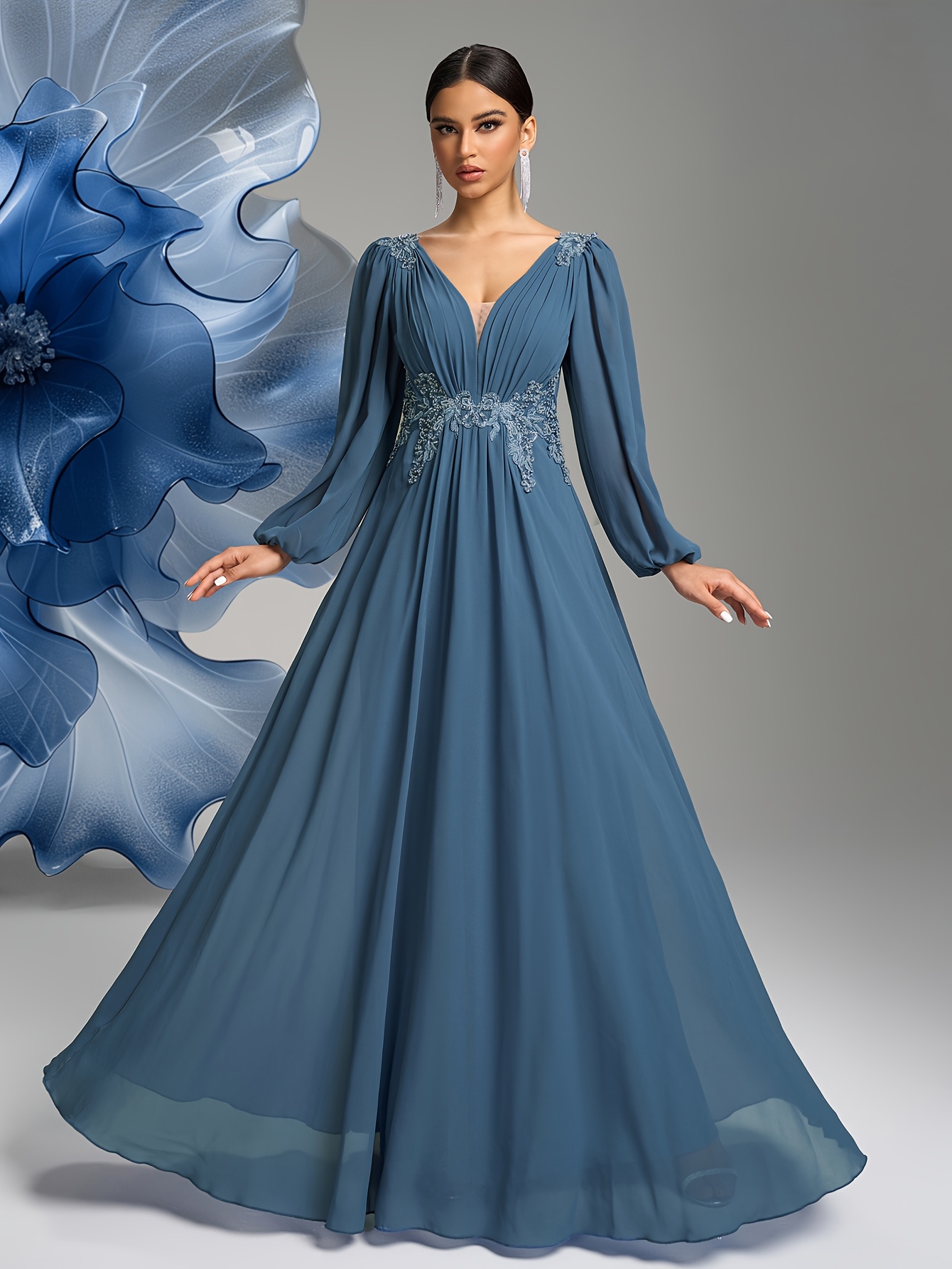 elegant v neck long sleeve chiffon dress beaded embroidery Temu