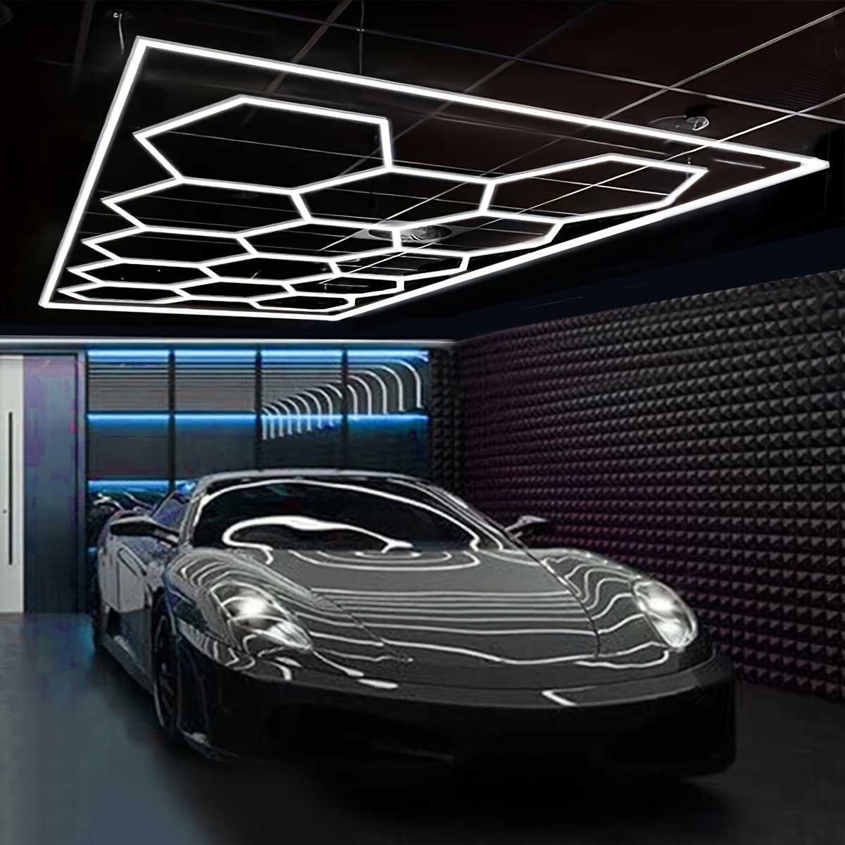 E-shop Hexagon LED Lichtsystem Superhelles Werkstattlicht, Waben-LED Deckenleuchte, 6500K Kaltlicht, Kostenlose DIY-Beleuchtung für Autopflege,