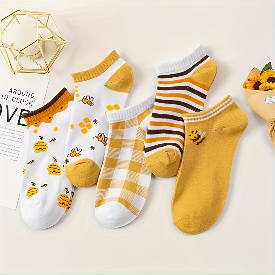 TEMU 5 Pairs Cute Bee Cartoon Breathable Thin Socks For Teens | Lightweight, Non-slip, Short Length, And Rayon Blend, Machine Washable, For Teenager