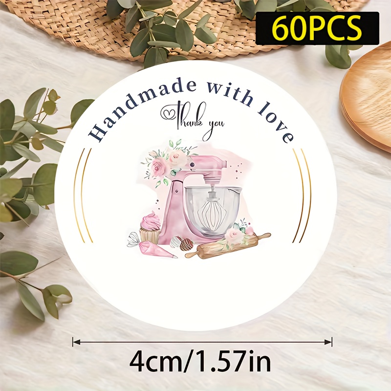 E-shop 60 Stück "Mit Liebe Gebacken" Runde Aufkleber - Text, Mixer Backzubehör Design, für Gebäckverpackungen, Küchenorganisation, Geschenkanhänger,