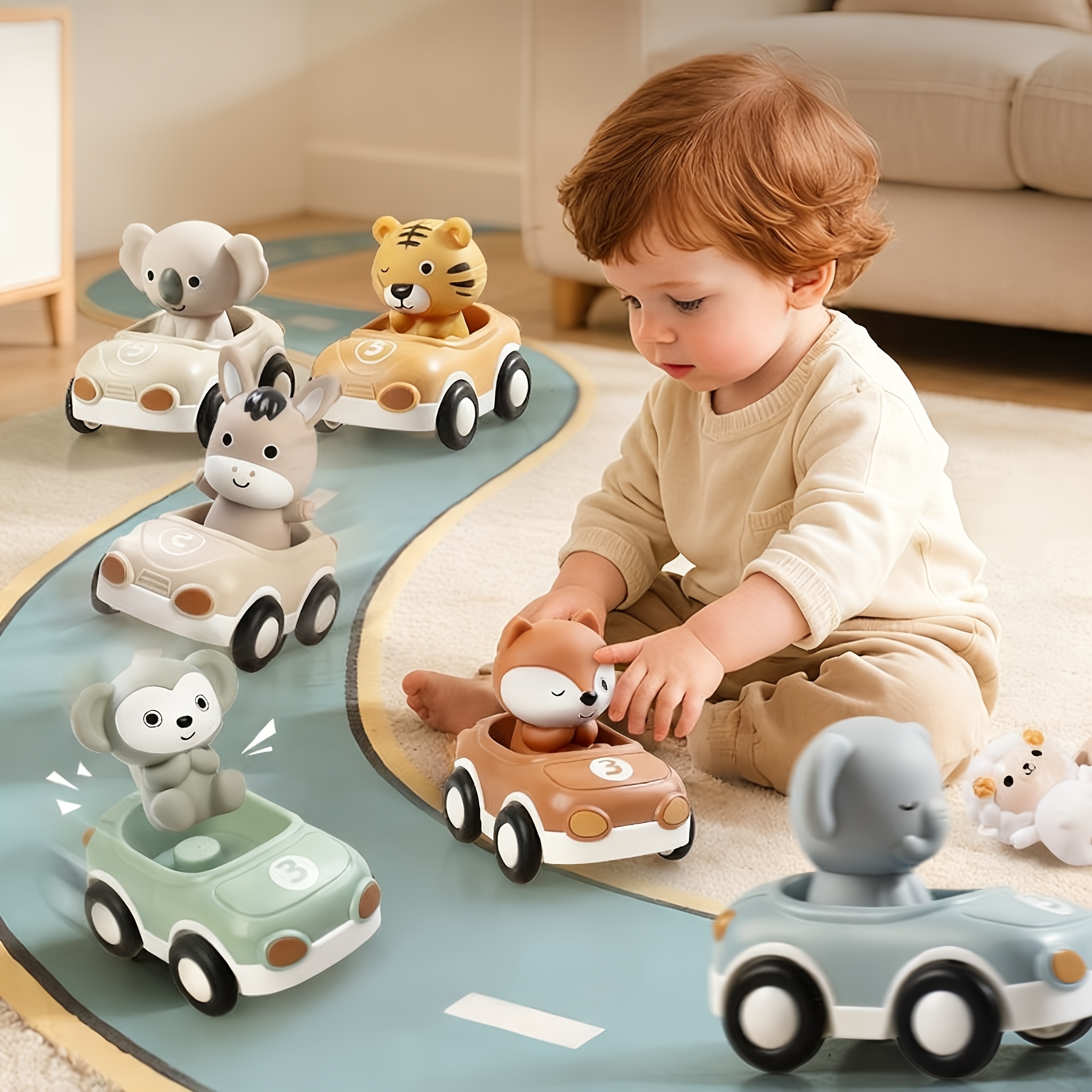 6pcs/set Kids' Inertial Sliding Animal Car | Detachable Soft Rubber Squishy Finger Cot, Kindergarten Construction Toys, Baby Car Toy for Boys & Girls, Christmas, Birthday Gifts, Tactile Skills, Color Recognition, Shape Recognition, Uncharged