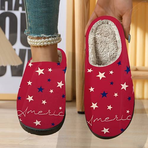 indoor slippers featuring white and on a red backdrop elements are casual footwear slippers with a back style design sturdy build and warm lining
