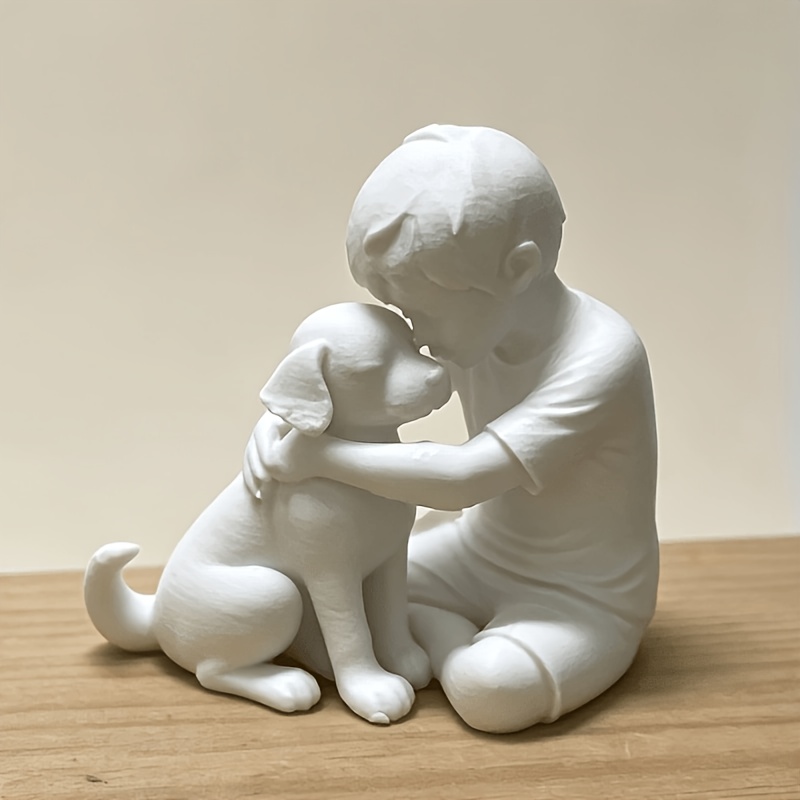 TEMU A Simple And Elegant Resin Sculpture Of A For Man And His Dog, A Cute Decoration Of A Puppy And Boy, Romantic And Suitable For Bookshelves,