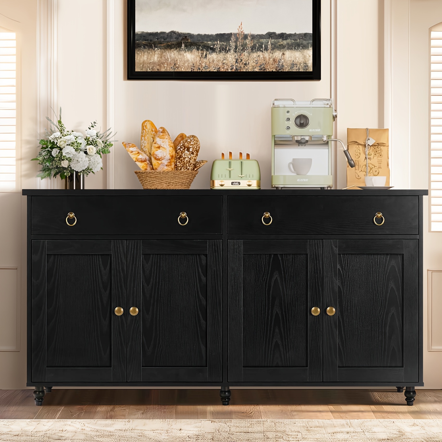 TEMU 55" Sideboard With 2 Drawers And , Modern Coffee Bar Cabinet, Wood Table For Kitchen, Dining Room, White/black, Buffet Cabinet With Storage