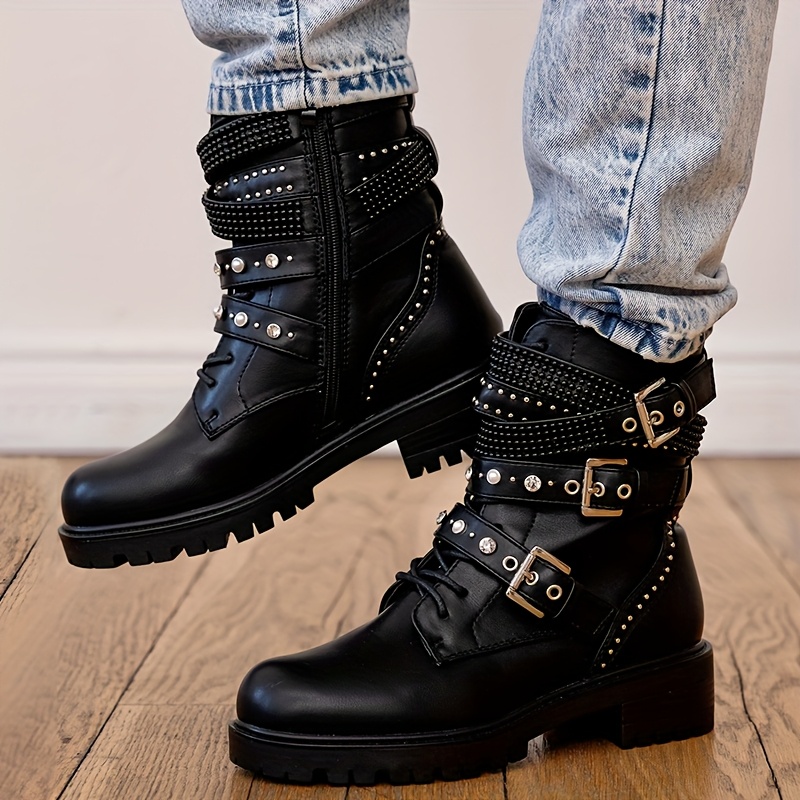 womens gothic punk motorcycle boots lace chain zipper Temu - Main Image
