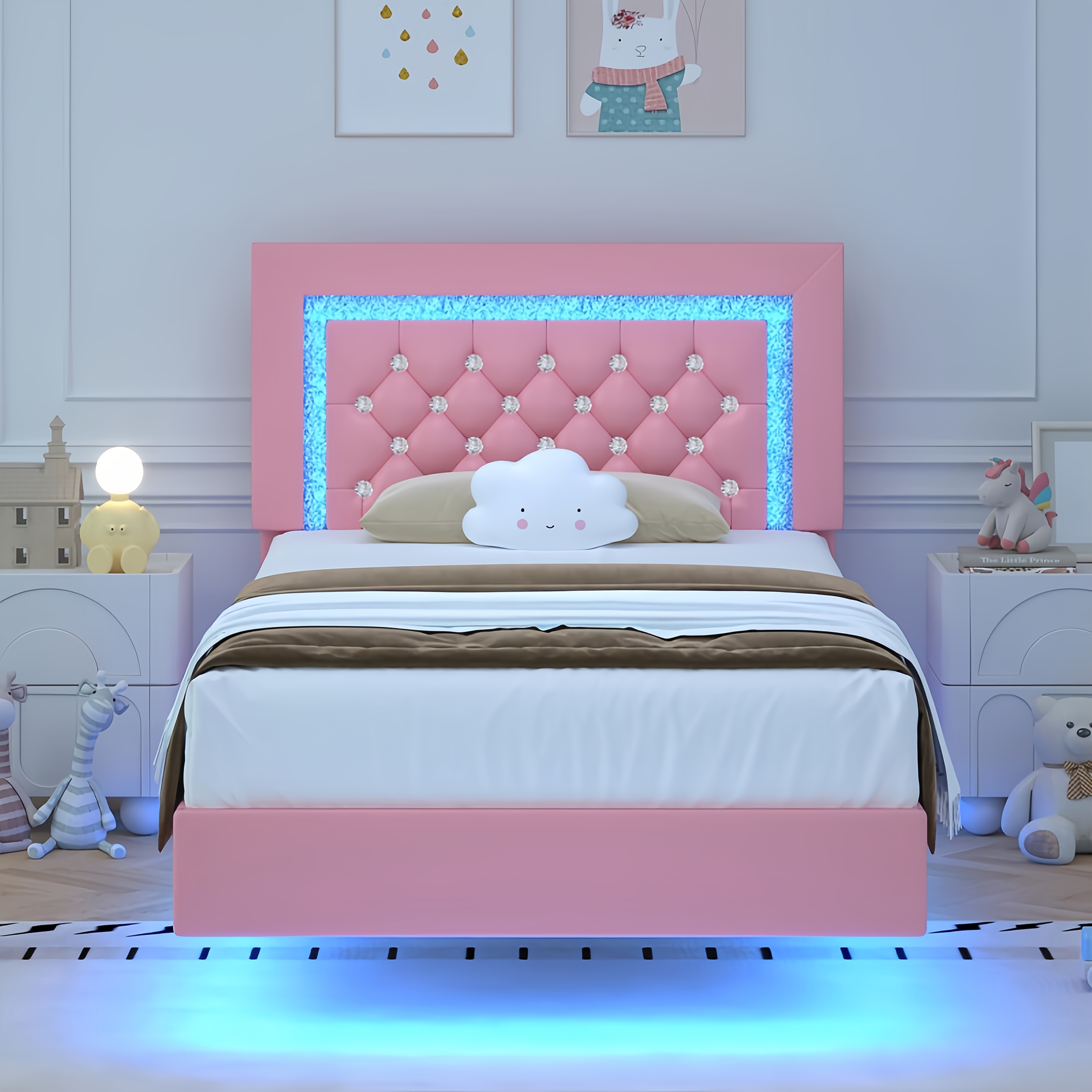 TEMU Twin Full Queen King Size Floating /pink Bed Frame With Led Lights, Platform Bed With Diamond Tufted Headboard, Wood Bed Frame, Bed Frame Queen