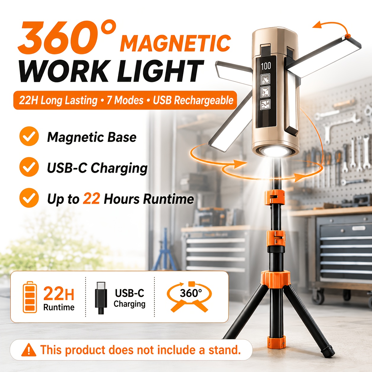 TEMU Retractable Magnetic Work Light Rechargeable Portable Led Flashlight With 7 , 360° Adjustable Beam & Foldable Design Suitable For Car Repair,