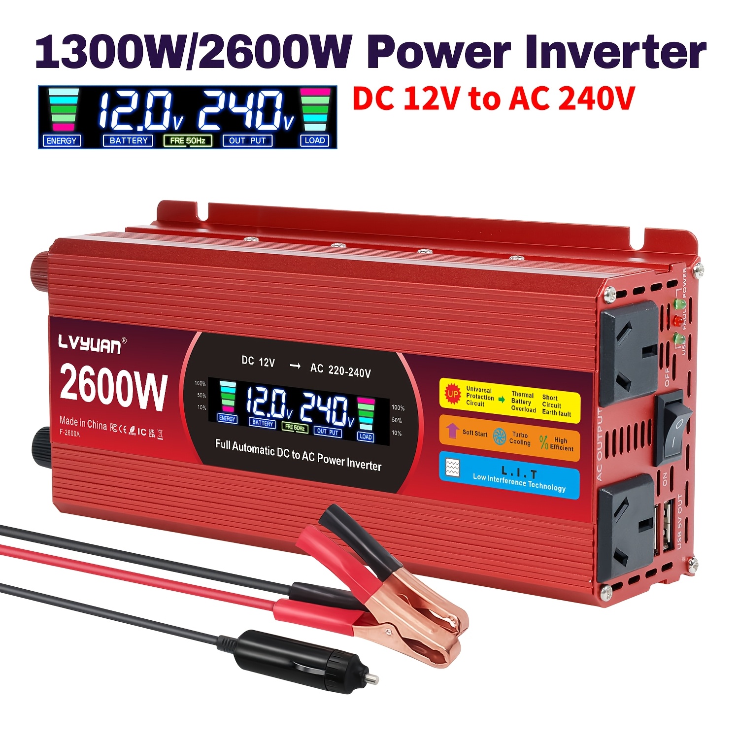 TEMU Lvyuan 1000w/2000w () Car Power Inverter, 12v To Ac 220v Converter With Lcd Display, Dual Ac Sockets And Dual Usb Car Charger For Laptop And