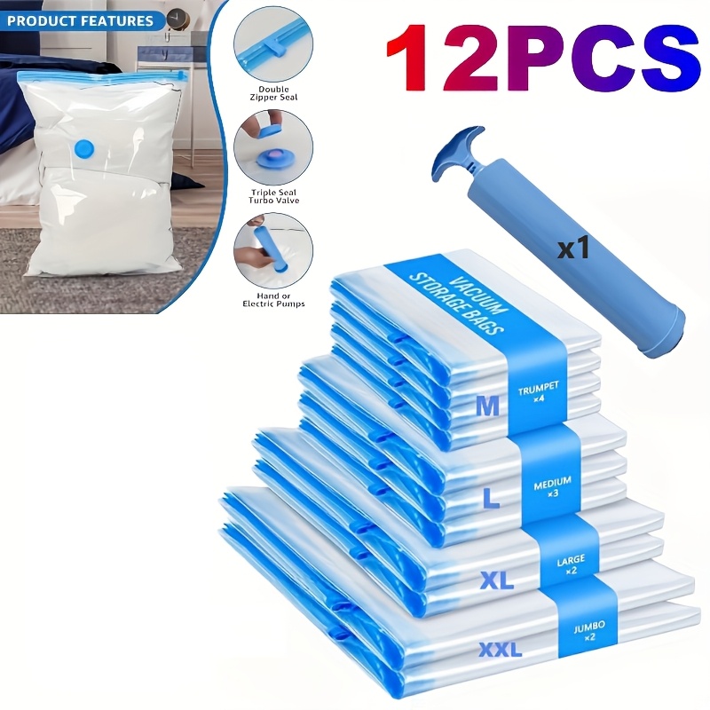 Image of 12pcs Set Of Vacuum Compression Bags (4m+3l+2xl+2xxl+manual Pump) Suitable For Storing Clothes, Blankets, Wardrobes, Essential Bags, Seasonal Storage Bags, Thickened Materials, , For Electricity