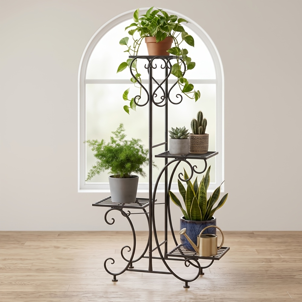 Image of Unho Multi-tier Metal Plant Stand Outdoor Indoor, Rustproof Iron Tiered Flower Pot Holder Display Rack Shelf, Tall Heavy Duty Corner Plant Shelf For Patio Room Balcony Backyard, Black