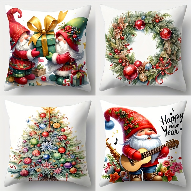 

Christmas Throw Pillow Covers 4-pack - Festive Tree & Wreath Design, Soft Polyester, Zip Closure, 17.7x17.7", Perfect For Sofa & Bed Decor, Hand Wash Only