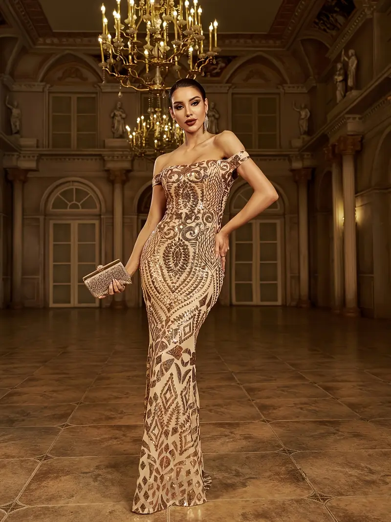 gold geometric sequin dress Ava Presley 40140 Sequin V Neck Mermaid Evening Gown