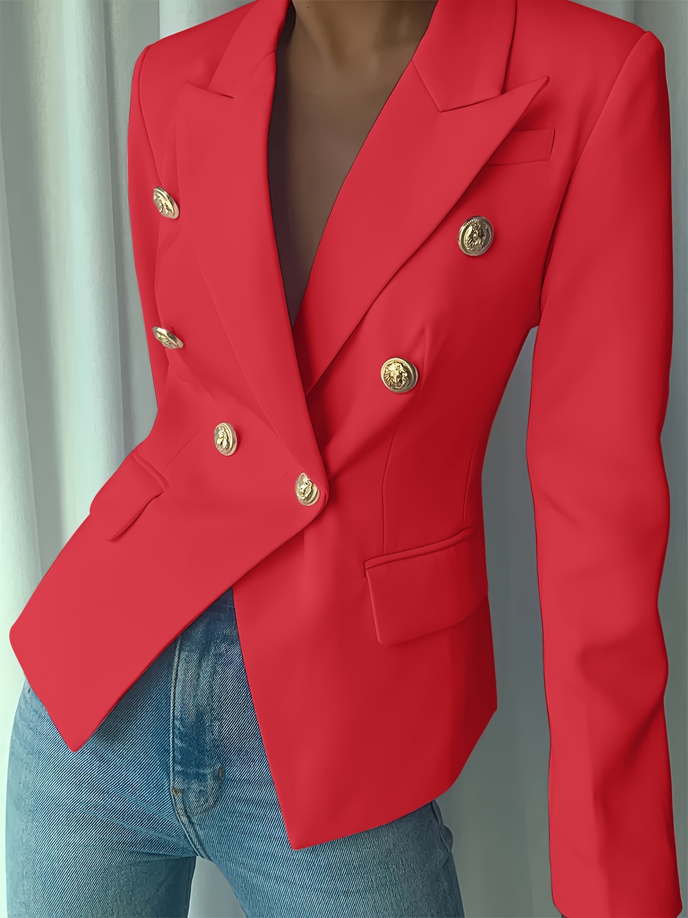 Women's Elegant Pink Double-Breasted Blazer - Polyester, Long Sleeve, Lapel Collar with Golden Buttons, Stylish Work Office Jacket
