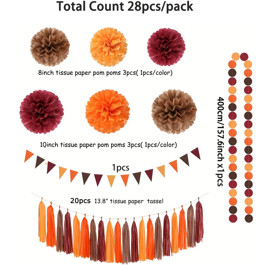 Image of Bohemian Bridal Shower Decorations In Burgundy, Brown, And Orange - 28pcs Of Thanksgiving Autumn Paper Napkins, Pom Poms, Streamers, Neutral Birthday Country Wedding Engagement Tassel Garland Banner
