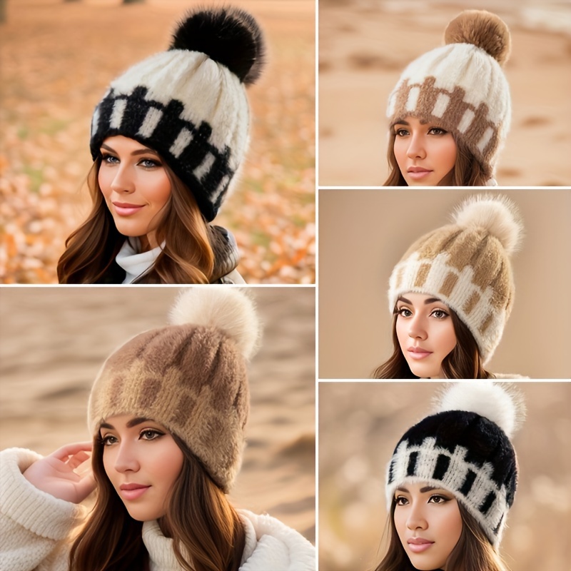 

1pc Classic Checkered Beanie With Pom Trendy Knit Hats Skull Cap Warm Cuffed Beanies For Women Girls Autumn & Winter