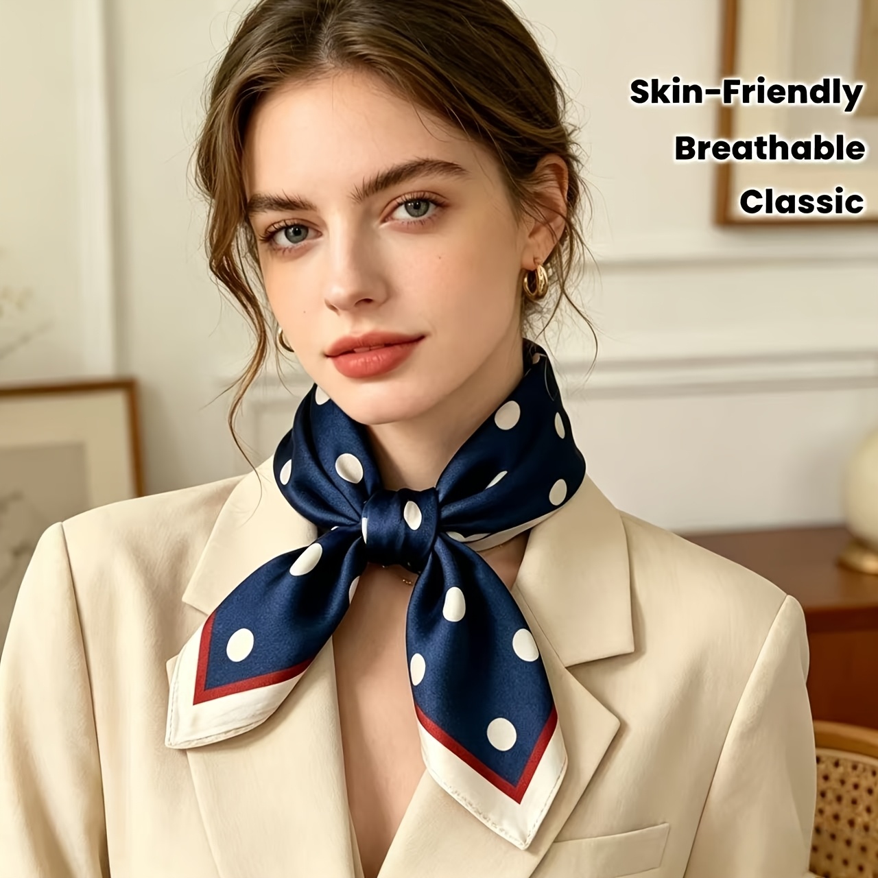 TEMU 1pc Of Women's Polyester Square Scarf, Featuring Navy Blue And White Polka Dot Print With Red And - Trim. , -friendly, And Breathable, Suitable