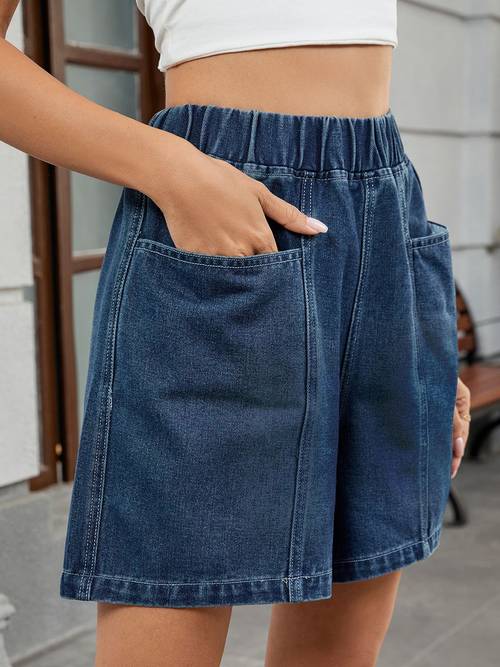 womens fashion denim shorts blue elastic waist casual summer shorts with front pocket streetwear style casual summer wear shorts elastic waistband shorts