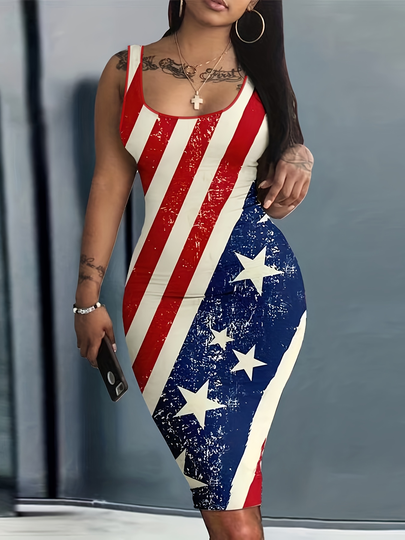 Women's Patriotic American Flag Print Bodycon Dress Sleeveless Fit  Knee-Length Summer Dress with Stretch Fabric, Machine Washable Casual Party