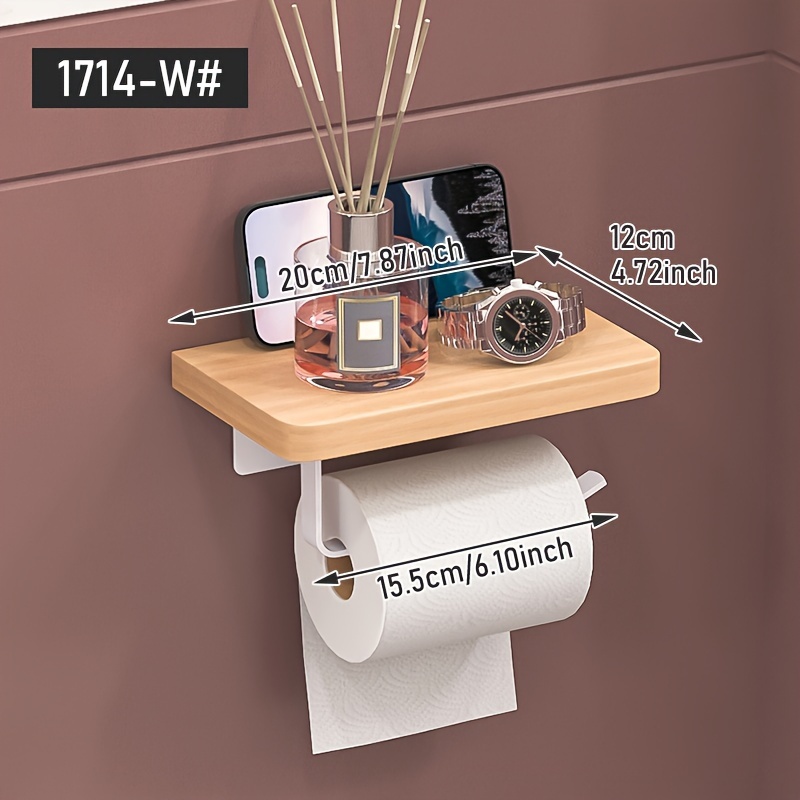 Image of Self-adhesive Wall-mounted Toilet Paper Holder With Storage Shelf For Bathroom - Iron, No Drilling Required, Wooden, Mobile Phone & Wet Towel Holder
