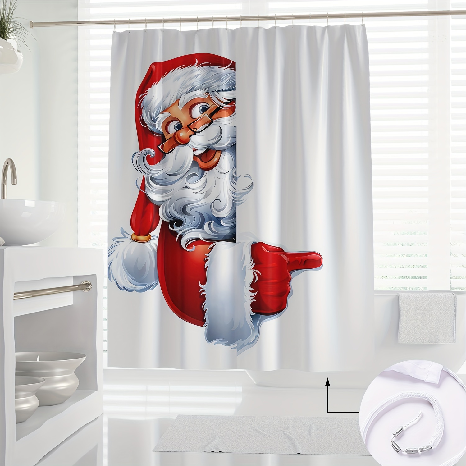 

Christmas Santa Polyester Shower Curtain With Hooks, Water-resistant Novelty Cartoon Digital Print, Machine Washable, All-season Knit Weave Bath Decor With Partial Lining, Artistic Design