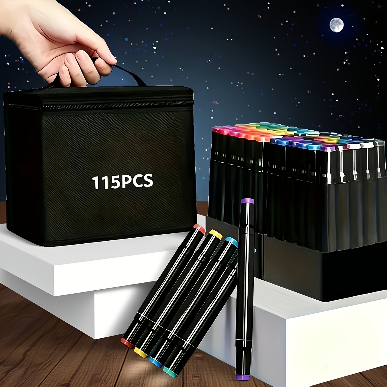 TEMU 35/115/187 Colours Professional Dual Tip Alcohol Art Marker Set, Fine & Chisel Tips, Vibrant Ink For Drawing & Colouring, 5 Bonus Markers