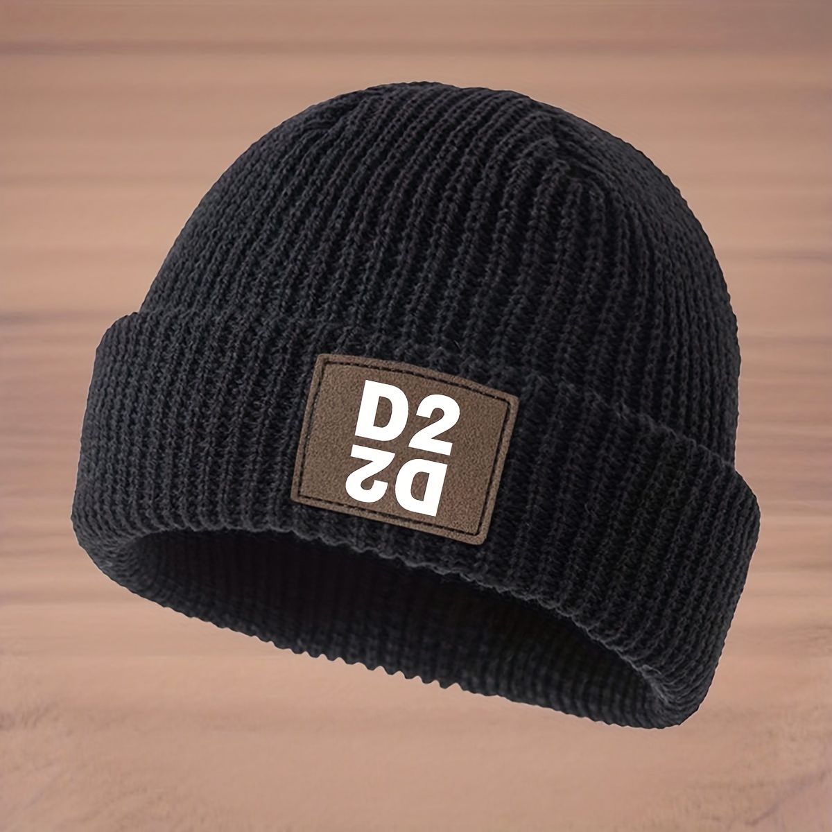 Autumn Winter Men's Beanie Faux Leather Label Pattern D2d2 Mountaineering Ski Warm Hat Couple Same Style No Brim Street Casual Cap