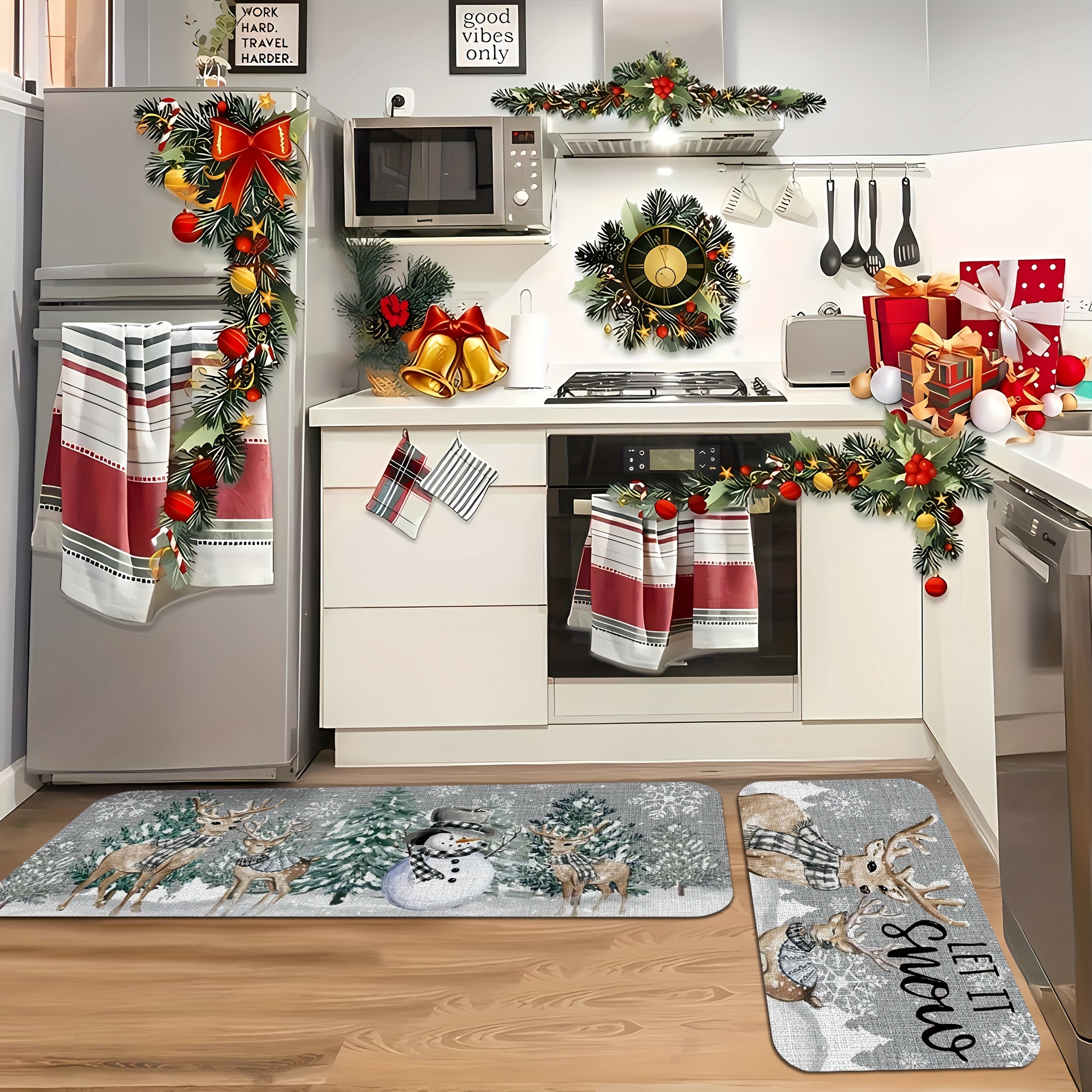 

Christmas Cheer Kitchen Mat - Gray Reindeer & Snowman Design, Stain-resistant, Non-slip, Memory Foam Cushioning For Comfort, Machine Washable For Living Room, Bedroom, Hallway, Bathroom - Material