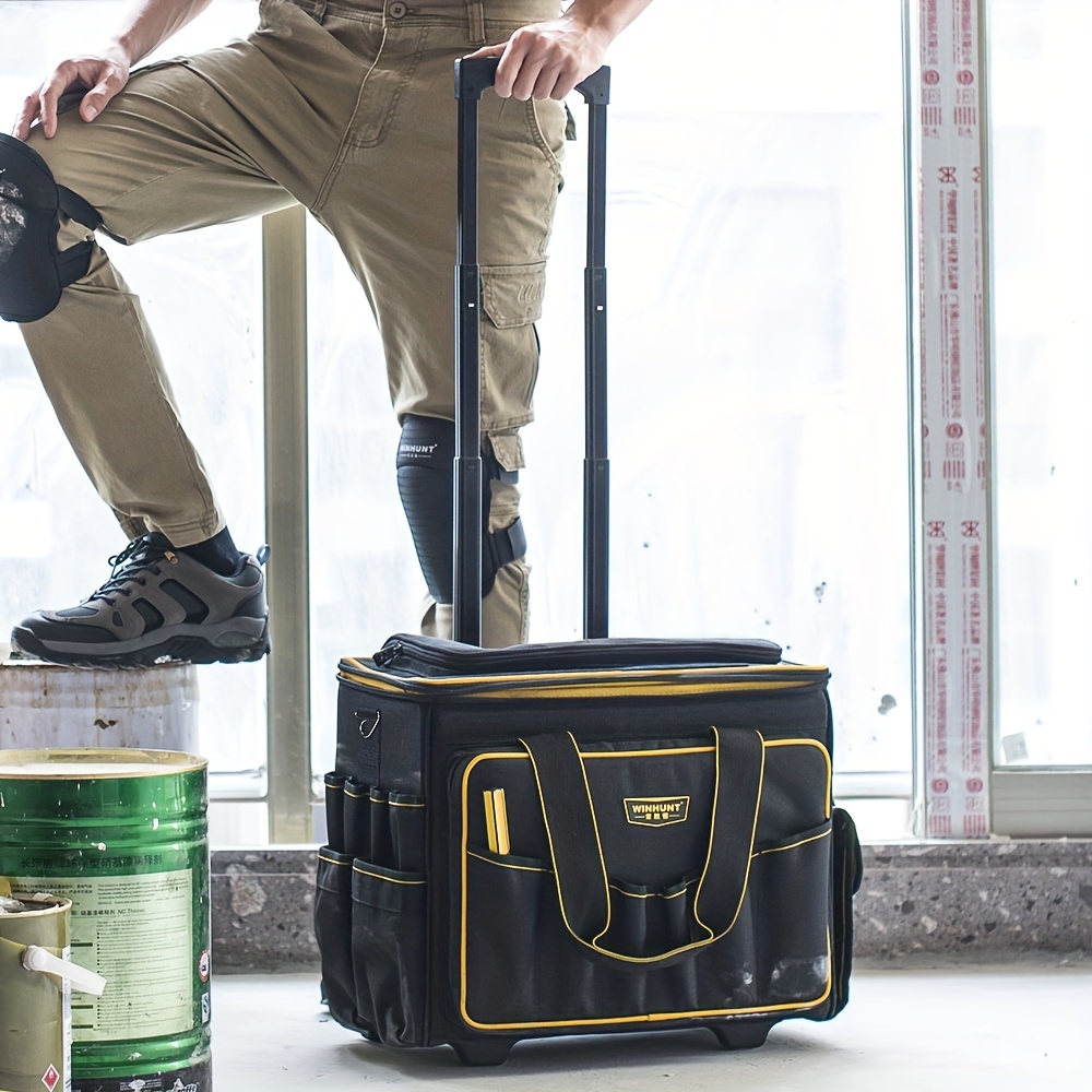 heavy duty rolling tool bag with wheels portable organizer for electricians construction men women     multiple compartments sturdy handles reinforced corners construction essentials   construction reinforced corners 0