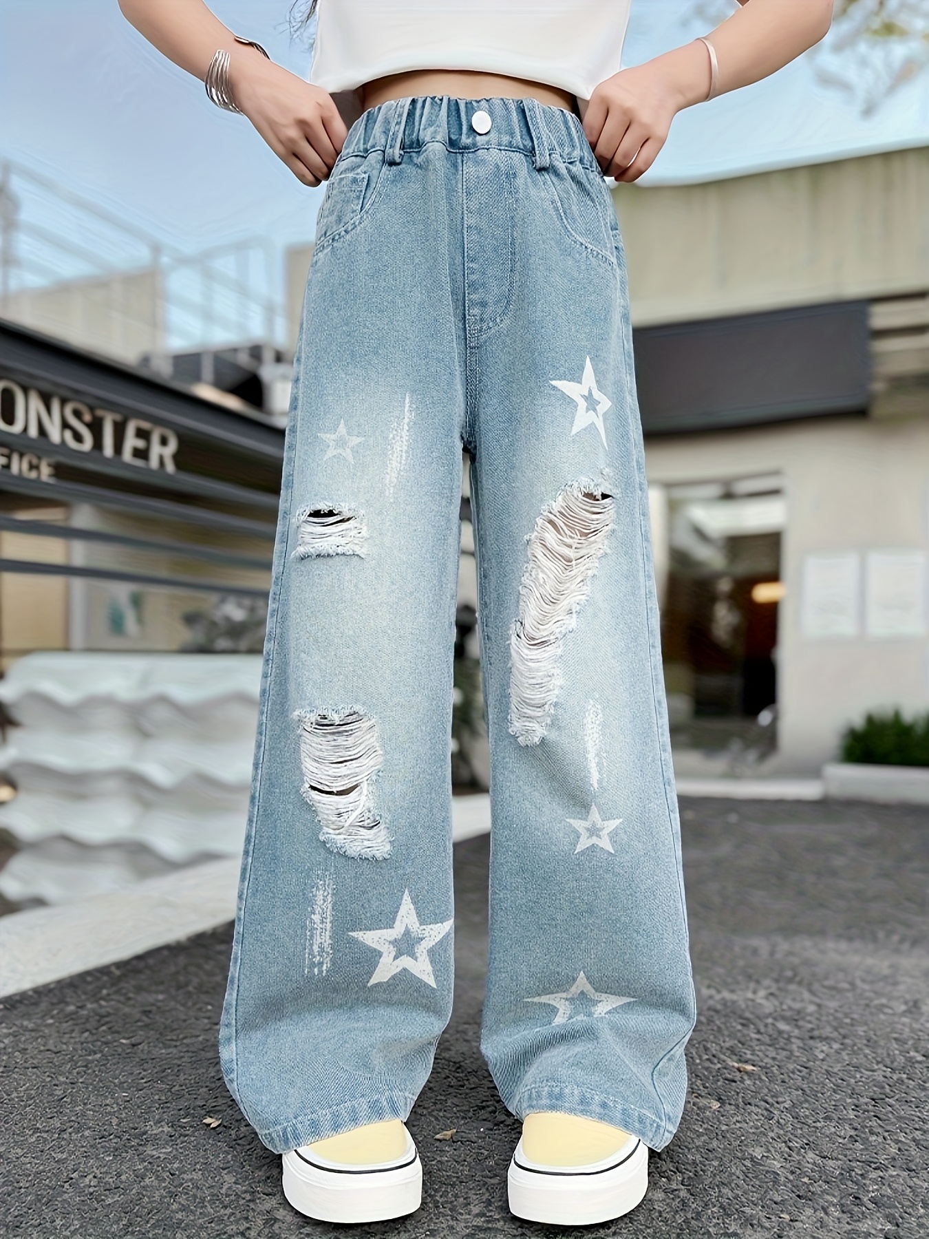 girls' casual ripped jeans light blue Temu United Arab Emirates
