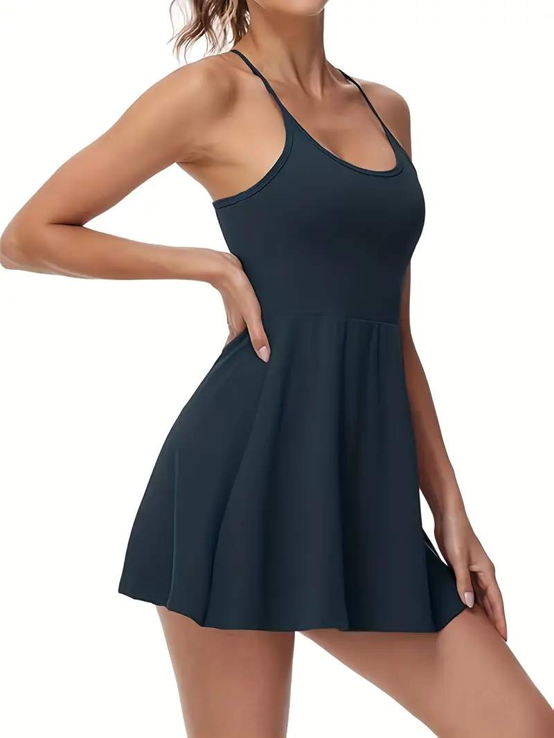 athletic dress with separate shorts Golf Tennis Dresses, Women Athletic Dress with Separate Shorts, V Neck Sleeveless Workout Dresses Solid Color L