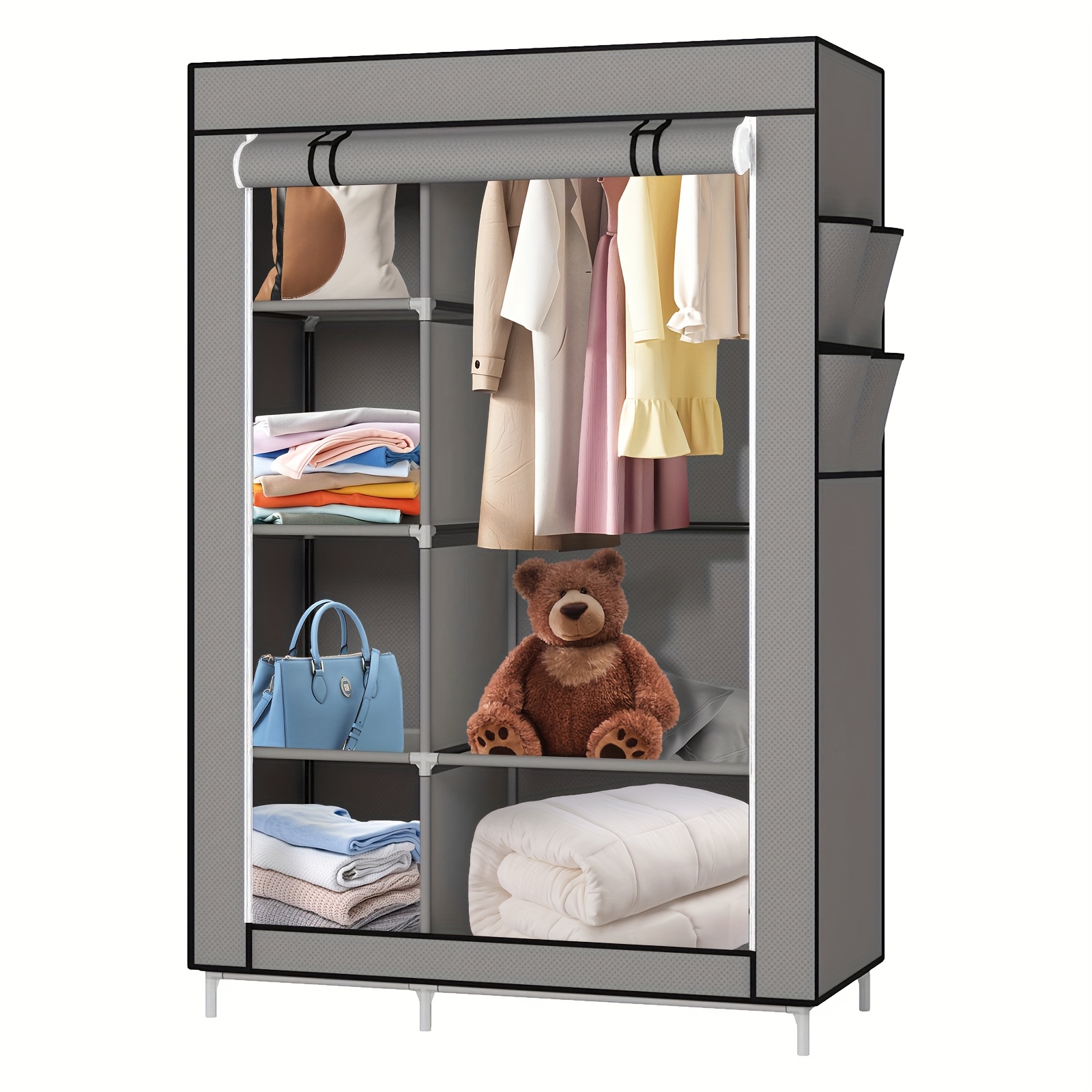 Fabric Wardrobe, Bedroom Clothing Storage Cabinet, Storage Rack With 1 Clothes Rail And Side Pockets, Suitable For Home, Dormitory Or Rental House, 170 X 105x 45cm, Dark Gray, Portable Closets