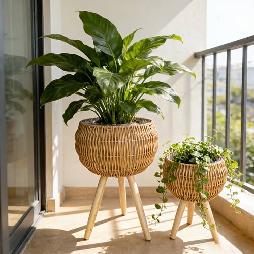 2pcs 1pc boho rattan plant pot set with wooden tripod stand hand woven basket planter with waterproof liner 2 sizes breathable ideal for indoor plants living room balcony apartment renters gardening gift home decor