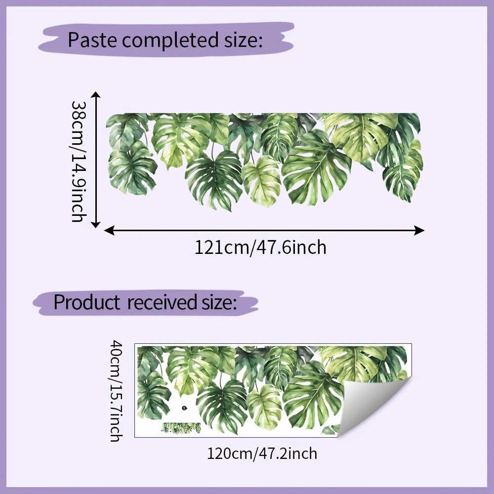 Image of 1pc, Monstera Leaf Green Plant Wall Sticker, Removable Waterproof Pvc Decal, Suitable For Living Room, Bedroom, Study, Office, Lounge Area, Home Decor, Wall Decoration, 15.7*47.2 Inches